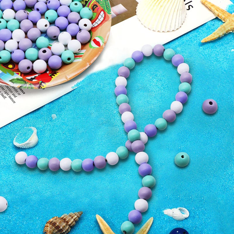 Omlisca 200 Pieces Wooden Beads 16mm Mermaid Theme Colorful Round Wooden Craft Bead Large Hole Loose Spacer Beads for DIY Jewelry Garland Decor  4 Colors - Image 3